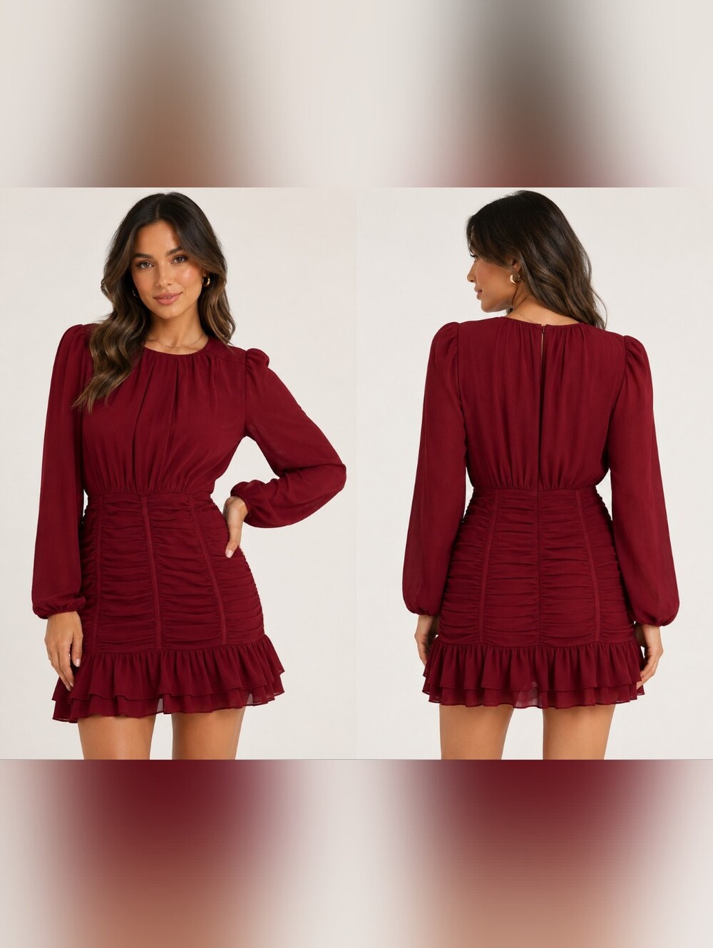 Adelyn Rae Burgundy Ruched Mini Dress Size Large Long Sleeve